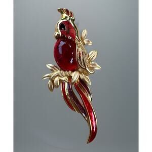 Vintage Daria Bird Brooch Jelly Belly Gold Tone Red Cabochon Enamel Signed 3”